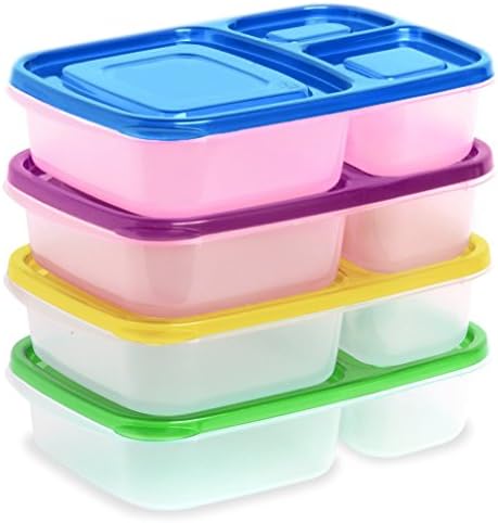 Ekarro Lunchboxes 3 Compartment Bento Lunch Box With Multicolored Lids Set of 4 Containers
