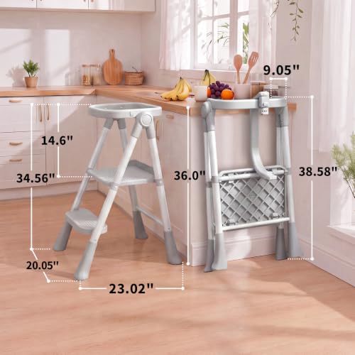 Toddler Step Stool Foldable, Kids Step Stools for Kitchen Counter, Foster Independence Learning Stool with Safety Guards&Net, Toddler Sturdy Standing Tower Kitchen Helper, Grey