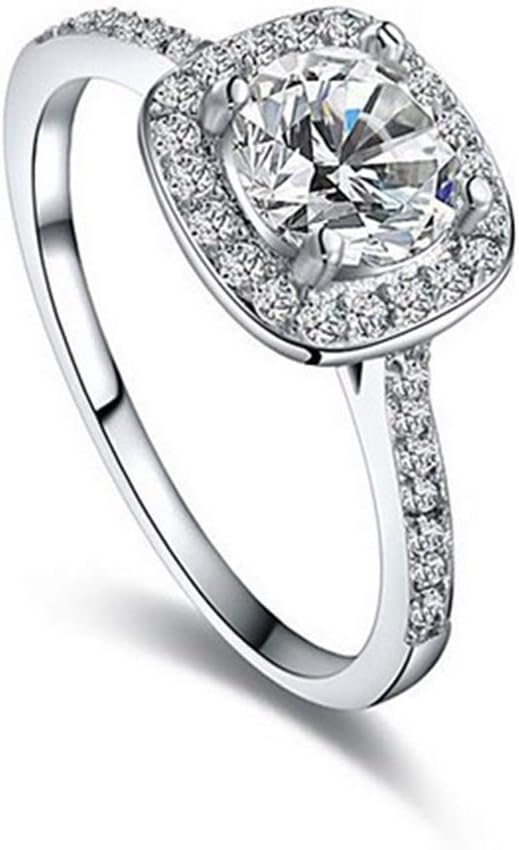 Wedding Ring,18K White Gold Plated CZ Engagement Rings 1.25 Carat Round Cut Halo Wedding Ring for Women (Silver, 8)
