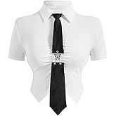 Floerns Women's Butterfly Metal Ruched Crop Tops Collar Short Sleeve T Shirt with Tie
