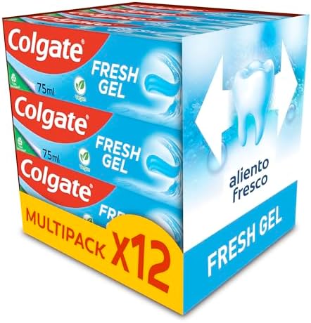 Fresh Gel Pasta de Dientes con Flúor, Pack 12 Uds x 75 ml, Dentrifíco con Protección Contra la Caries, Esmalte Sano y Fuerte, Aliento Fresco, Uso Diario, Sabor a Menta Refrescante