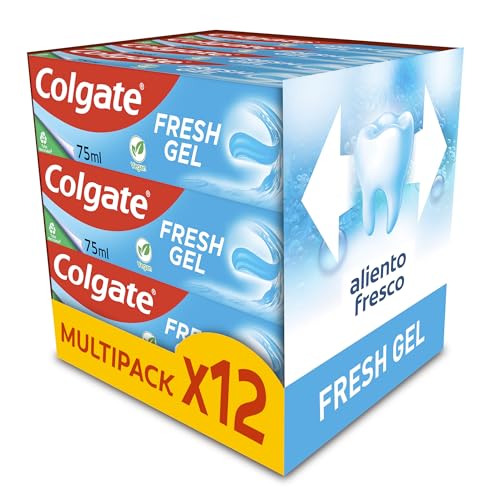Fresh Gel Pasta de Dientes con Flúor, Pack 12 Uds x 75 ml, Dentrifíco con Protección Contra la Caries, Esmalte Sano y Fuerte, Aliento Fresco, Uso Diario, Sabor a Menta Refrescante