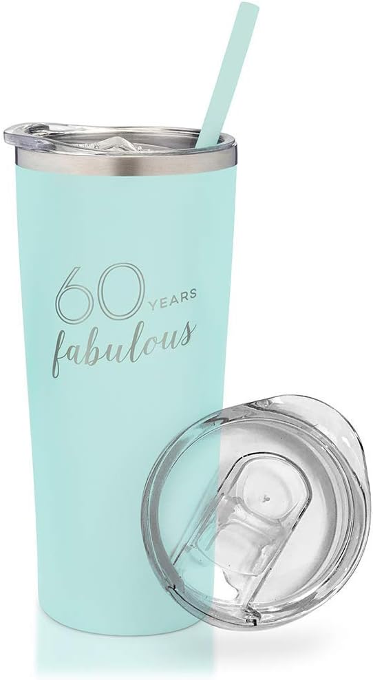 SassyCups 60th Birthday Tumbler | 60 Years Fabulous | 22 Ounce Engraved Mint Stainless Steel Insulated Tumbler with Lid and Straw | Sixtieth Bday Travel Mug | Women Turning Sixty