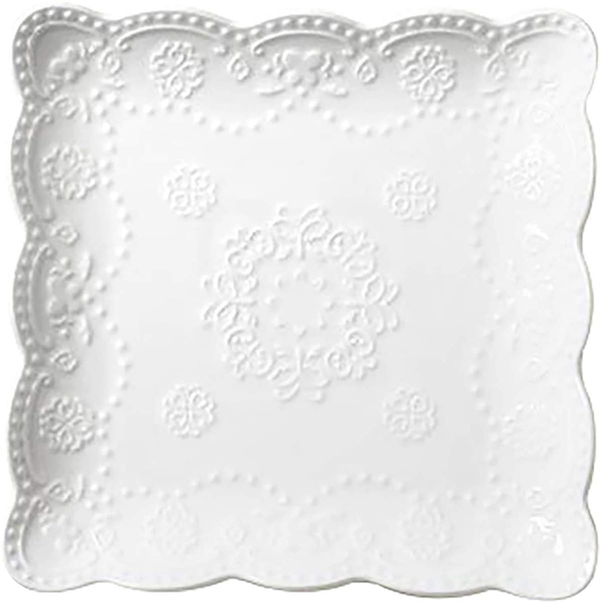 YBK Tech Elegant Square Embossed Lace Plate, Ceramic Serving Plate for Breakfast Afternoon Tea (White, 8-inch)