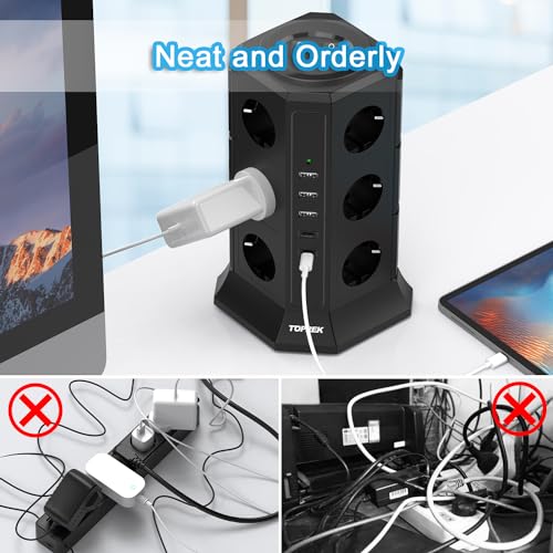Power Strip Surge Protector 4000W/16A, 12 Outlets with USB, Power Outlet with Switch, Power Strip for Office, Kitchen, 2M Cable