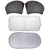 Car Window Sun Shade 4 Piece Set includes Side Window Sun Shade (2 Pieces), WindShield Sun Shade, Rear Window Sun Shade, All Easily Folded to Store in Quality Pouch AND Bonus Gift - Non-slip Dash Mat