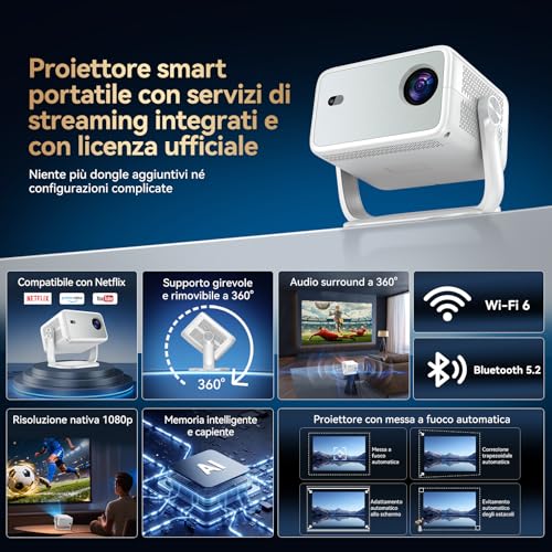 4K Projector 2026 【Compatible with Netflix/360° Rotation】AI Car Focus and Full HD Short Focal Projector Portable Bluetooth WiFi Projector for Home Cinema/Outdoor
