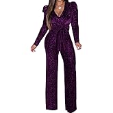 SeNight Women Sparkly Jumpsuits Sexy Long Sleeve Elegant Mock Neck Shiny Straight Long Pants Rompers Club Night Outfits