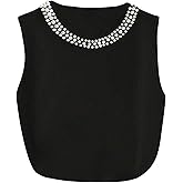 WDIRARA Women's Plus Size Pearl Beaded Tank Top Sleeveless Crew Neck Crop Tops
