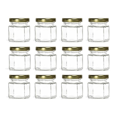 Hexagon Glass Jars by Nellam - 1.5oz, 12 Pack. Includes 24 Chalk Sticker Labels and 2x Chalk Pen. DIY Jars for Canning, Party Favors, Jams, Sauces, Herbs, Spices. (Gold Lid - 12 Pcs)