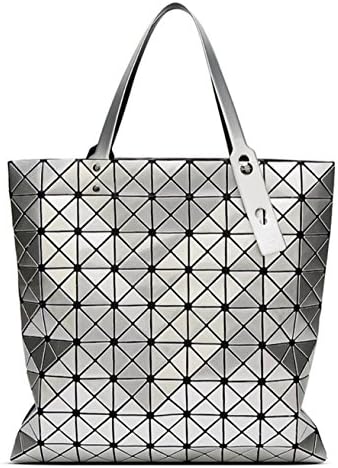 Kayers Sulliva Womens Fashion Geometric Plaid Tote Bag PU Leather Shoulder Bag Top-handle Handbags Large Silver