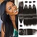 B&F Hair 7a Brazilian Virgin Straight Hair Weave 3 Bundles with 1 Piece 3 Part Lace Frontal Closure 100% Unprocessed Human Hair Extensions Natural Color (12 14 16+10closure)
