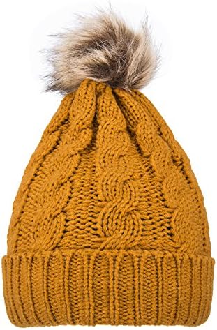 GRAMONI Men/Women's Knit Beanie Cap Winter Warm Hand Knit Faux Fur Pompoms Beanie Hat (Single-Orange)