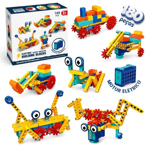 Blocos de Montar Robô Infantil 180 Peças com 2 Motores Elétricos, Kit Educativo de Construção e Engenharia, Brinquedo Criativo para Meninos e Meninas, Raciocínio Lógico, +3 Anos