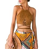AutumnFall Women Strappy Crop Tank Tops Bustier Cutout Padded Bra Cami (L, Brown)