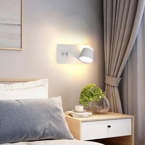 Sytmhoe 2 Pieces Wall Lamps Design White Interior with Built-in Switch USB Type C, Dimmable 3000 K 16 W Wall Lights for Bedroom, LED Wall Light for Living Room, Apartment