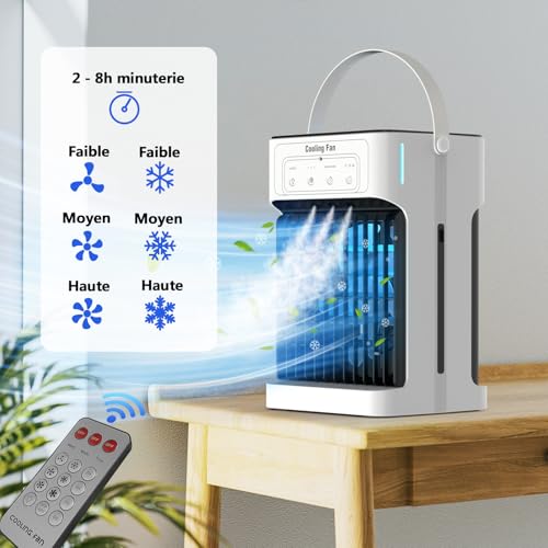 Portable Mobile Air Conditioner, 1100ML Air Cooler with 3 Air Speeds & 3 Cooling Mists, 2-8H Timer & 7 LEDs, USB Mobile Clim for Bedrooms, Apartments and Offices