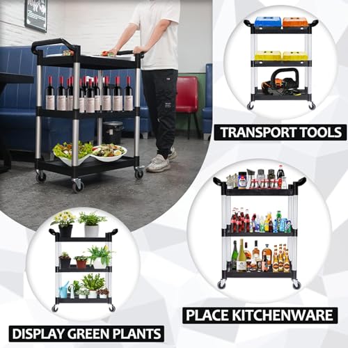 3-Tier Utility Carts with Wheels, Black Rolling Service Cart or Office Warehouse Garage Workshop Restaurant, 400lbs Capacity 80 * 42 * 96Cm