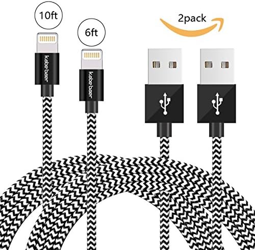 Kabe Baer 2 Pack (6 Feet, 10 Feet) Nylon Braided Strengthen Lighting to USB Sync Cable Charger Cord for iPhone SE, 6s Plus, 6s,6, 5,5s,5c, iPad,iPad Air 1/2, iPad Mini 1/2/3, iPod (2-Pack black)