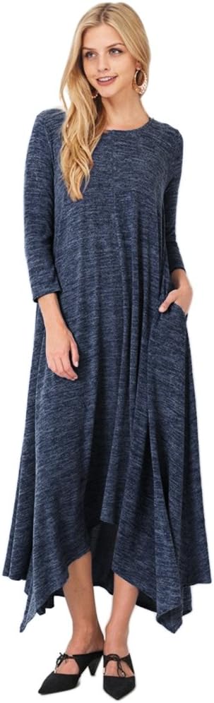 Tabeez Women's Casual Loose Asymmetrical Handkerchief-Hem Long Sleeve Heathered Knit Maxi Sweater Dress…