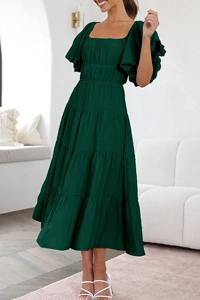 LILLUSORY WOMENS GREEN OFF THE SHOULDER PUFF SLEEVE 2023 SMOCKED BABYDOLL FLOWY BOHO MIDI TRENDY SPRING SUMMER SMOCKED DRESS