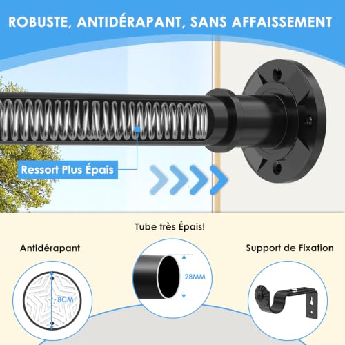 78-284 cm Curtain Rod, Extendible Curtain Rod, Black, 28 mm, Heavy Duty Pressure Shower Rod, Installation Without Drilling or with Screws, for Bathrooms, Windows and Doors