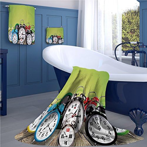 alisoso Clock Popular sports towel set A Group of Alarm Clocks on the Wooden Ground Digital Print Nostalgic Design Print yoga hand towels set Lime Green