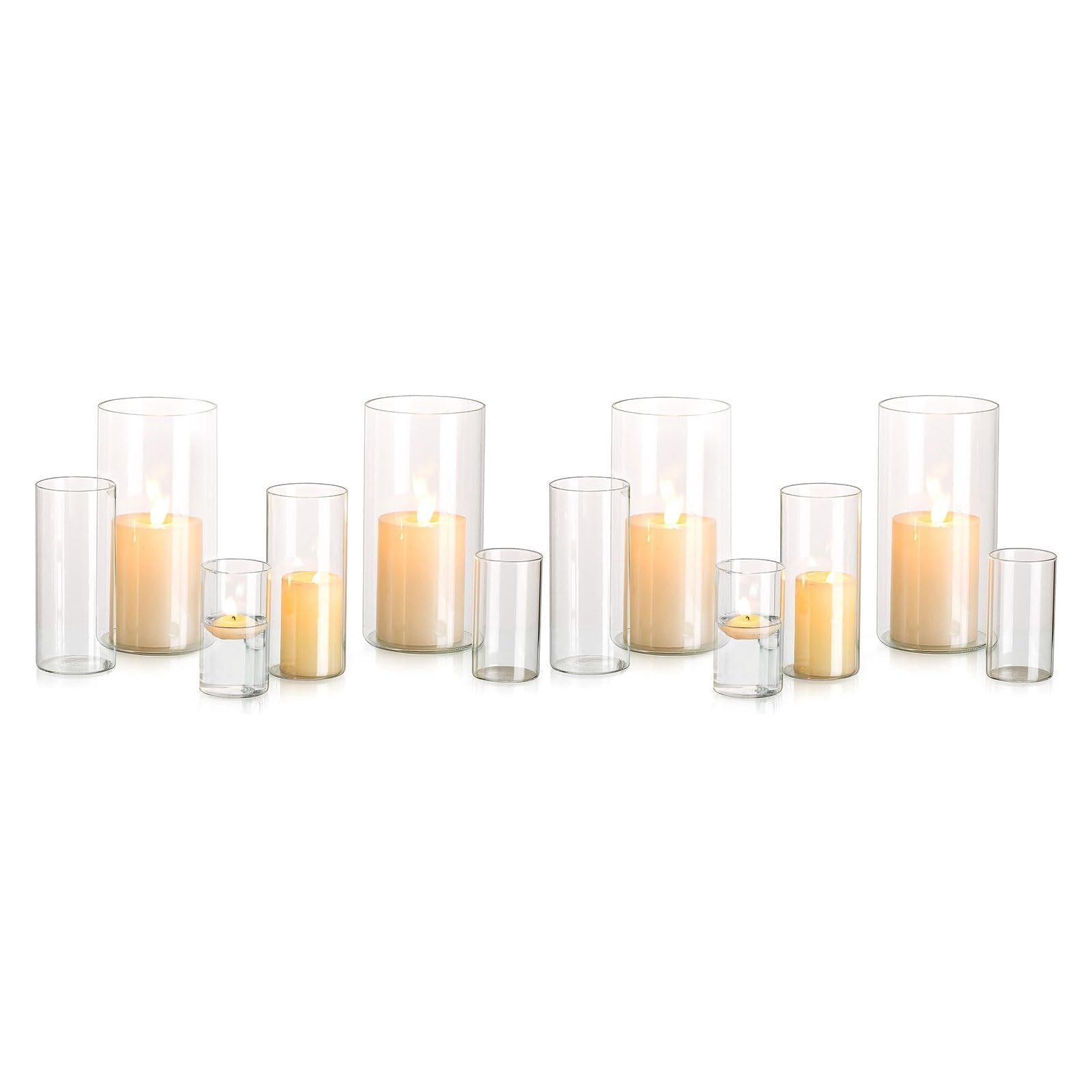 Hurricane Candle Holder Glass Cylinder: Set of 4 (12Pcs) Flower Vase for Tea Light Votive Pillar Floating Candles Dining Table Decorations Wedding Centrepieces Living Room Christmas Ornaments (S+M+L)