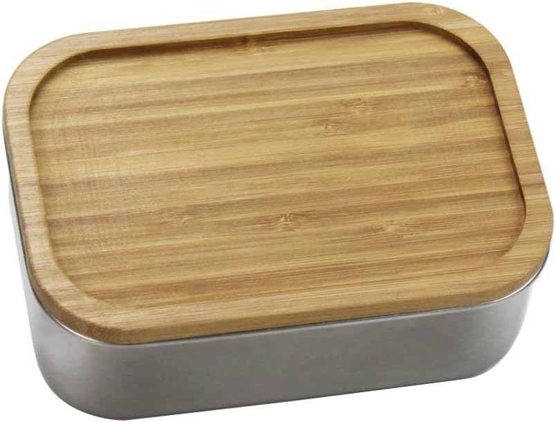 Meetgre 304 Stainless Steel Leakproof Bento Box, Wooden Lid Lunch Box, Japanese Style Lunch Box with Bamboo Lid, Sushi Box, Bento Boxes for Kids Adults Work School (800ML)