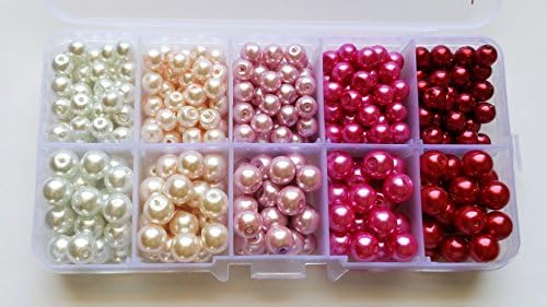 375+pcs 6mm and 8mm Luster Glass Pearl Round Beads with Case / Jewelry Making Beads (White/Pink/Red)