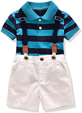 Gmayoo Short Sets, Little Boys Summer Fashion Short Sleeve Cotton Clothing Sets(6 For 5-6 Years,Blue shirt with black stripes)
