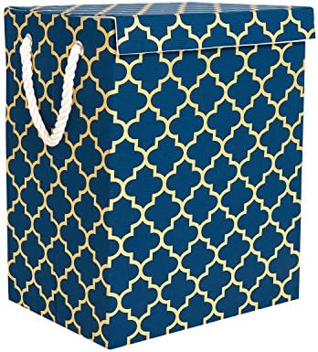 Mayspring Large Rectangle Storage Box, Foldable Fabric Storage Basket Bin, Collapsible Design with Handles for Washing Laundry, Toys, Clothes, DVDs, Books, Food, Bedding, Art and Craft for Home & Office (Navy Blue)