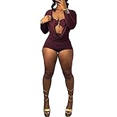 LXUAMR Jumpsuits for Women Sexy Deep V Neck Long Sleeve Romper Solid Color Bodycon Shorts Jumpsuit Going Out Outfits