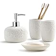 Bathroom Accessories Set with Embossed Design 4PCS, Ceramic White Bathroom Accessory Set, 1Pcs Bathroom Soap Dispenser 14oz, 