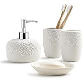 Bathroom Accessories Set with Embossed Design 4PCS, Ceramic White Bathroom Accessory Set Bathroom Toothbrush Holder Set Home Decor, 1 Soap Dispenser 13.5oz, 2 Tumbler Cup, 1 Soap Dish, ANTIS'S HOME