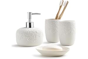 Bathroom Accessories Set with Embossed Design 4PCS, Ceramic White Bathroom Accessory Set, 1Pcs Bathroom Soap Dispenser 14oz, 