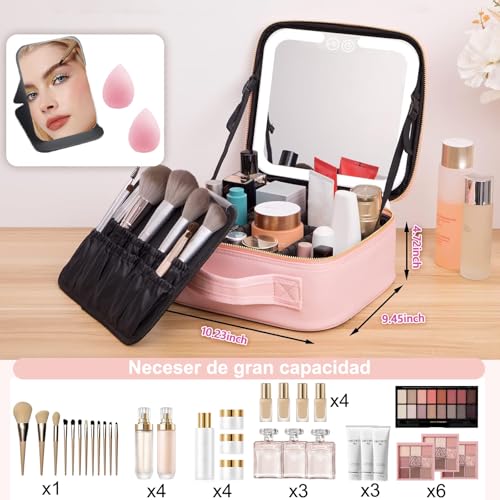 26cm Estuche de Maquillaje con Espejo Iluminado, Bolsa de Maquillaje de Viaje con Espejo LED Desmontable, Tres modos de luz ajustables, con mini espejos plegable, 2 Mini Esponjas De Maquillaje (Rosa)