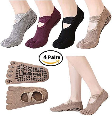 4 Pairs Toeless Yoga Socks Non Slip Skid Pilates Barre With Grips For Women By Feibi