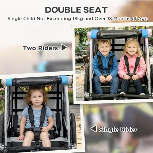 Aosom 2 Seat Bike Trailer for Kids 2-in-1 Double Baby Stroller with Handbrake, Rubber Wheels, 5 Point Harness, Waterproof Cover, Storage Bag, Reflectors