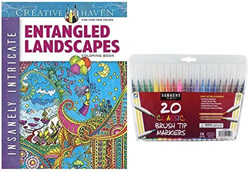 Dover Insanely Intricate Entangled Landscapes Adult Coloring Book and Sargent Art Firm Brush Tip Marker Pens in a Case, Set of 20 Gift Set: Stress Relieving Designs to Color