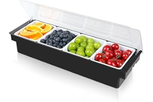 JUSINGMI Bar Fruit Condiment Caddy With Lid,Bar Garnish Tray Caddy For Bartenders,Plastic Toppings Container For Fruits,Ice Cream,Salad(4 Compartment)