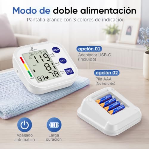 MUINAIFTE Baumanómetro Digital Monitor de Presión Arterial（Blanco） | Brazalete Ajustable 22-36 cm，Baumanómetro Digital con Indicador de Voz Pantalla LCD Grande con Función de Memoria