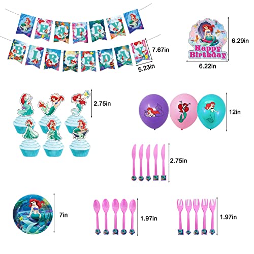 149 Pcs Little Mermaid Party Decorations for 10 Guests Include Banner,Cake Topper,Cupcake Topper,Latex Balloon,Tablecloth,Foil Balloon,Goody Bag, Nvitation Card,Dinner Dlate,Napkin,Tableware,Cup,Straw
