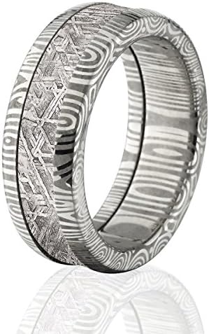 Rumors Jewelry8mm Wide Meteorite Bands w/Comfort Fit Damascus Steel, Meteorite Rings