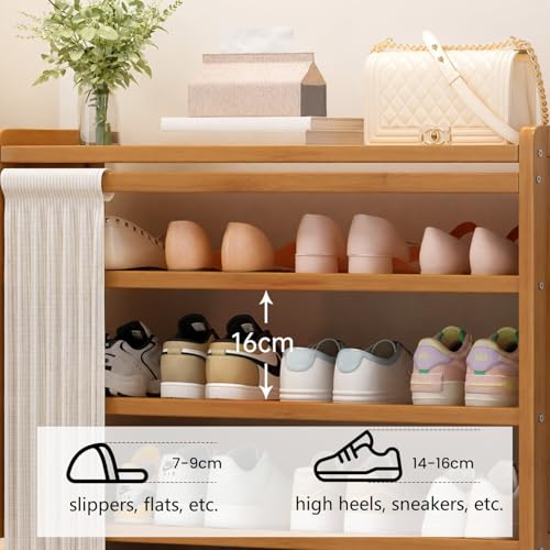 Shoe Rack Storage Cabinet Bamboo Free Standing Shoe Racks with Dustproof Curtain Storage Shelf Organizer for Entryway Hallway Bedroom (B-6 Tier)