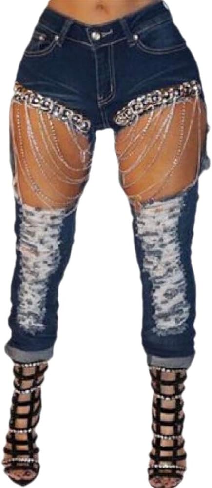womens ripped jeans with chains