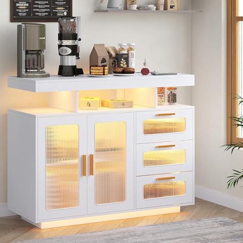 Coffee Bar Cabinet with Storage, Buffet Sideboard with RGB Light, Modern Coffee Bar Table with Charging Station