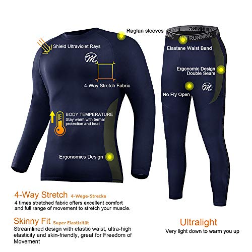 Men's Thermal Underwear Wintergear Fleece Long Johns Compression Base Layer Set Skiing Warm Top & Bottom (Blue, XXL)