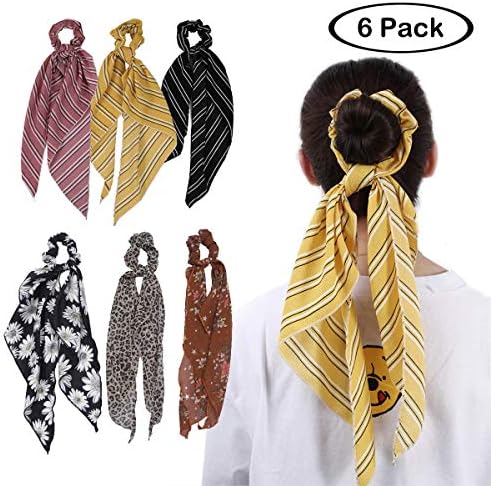 Scarf Scrunchies Women Hair Ties - Hair Scarves Scrunchys Bow Leopard Ribbon Scrunchy with Tails For Thick Hair No Crease Accessories Soft Ropes Ponytail Holder with Designs Long Ponytail