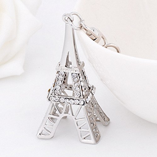 Womens France Eiffel Tower Key Chain Metal Tower Car Keychain Gift Bag Charm Rhinestone Key Ring Chain Birthday Gift White